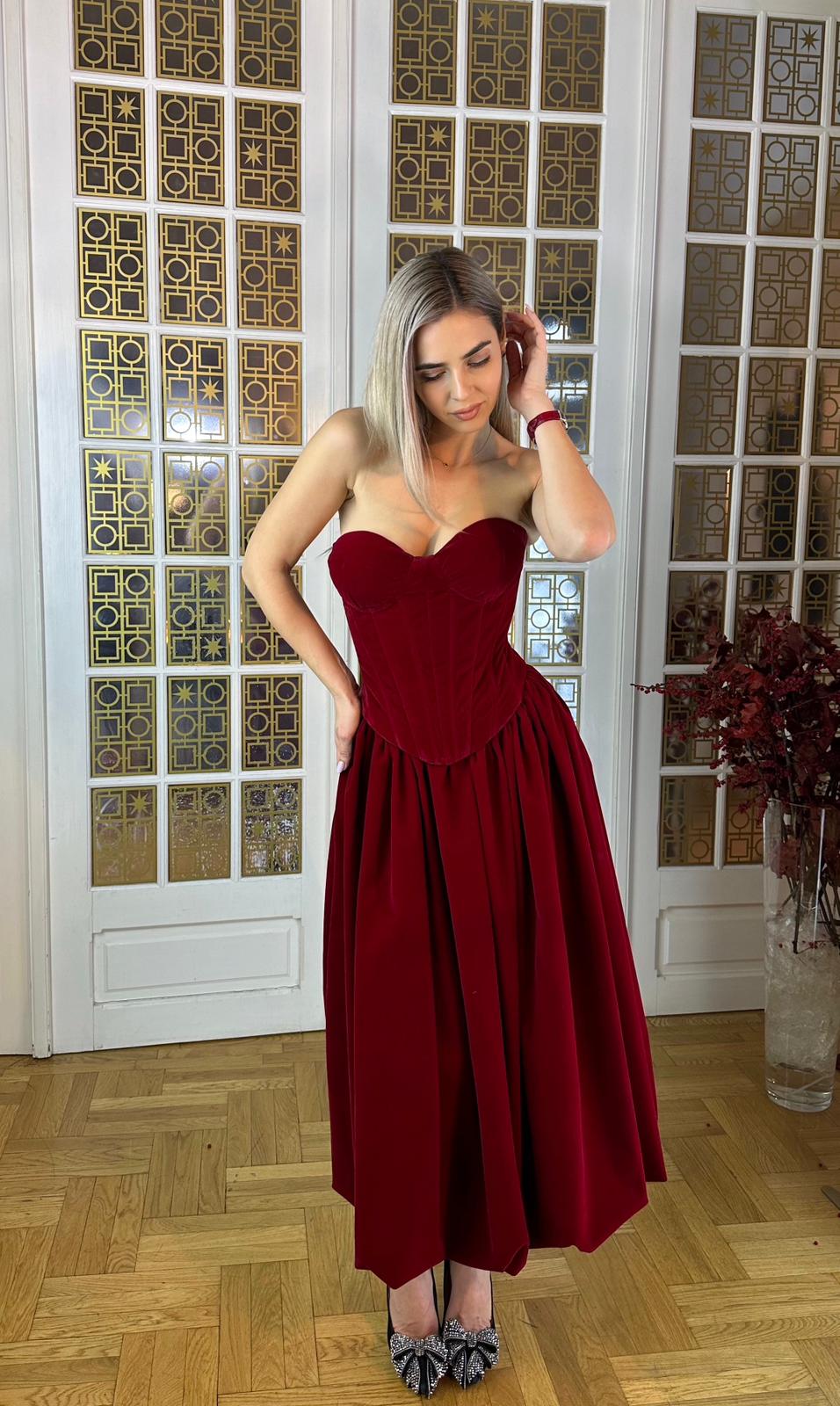 Fusta catifea tip balon midi, Veda, Burgundy