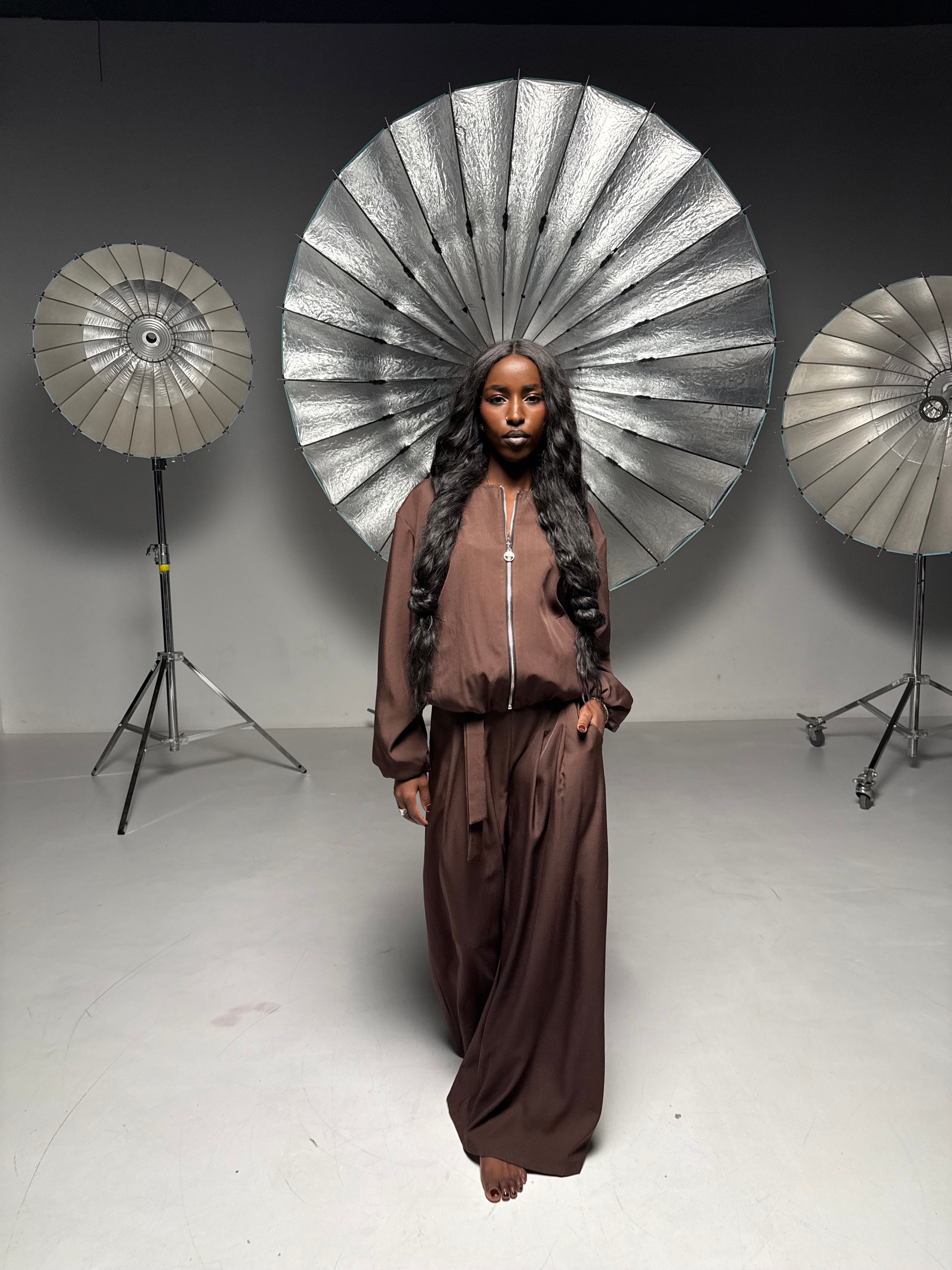 Costum Dama Elegant cu Jacheta Bomber si Pantaloni Palazzo, Brune Chocolate VOYAGEUSE