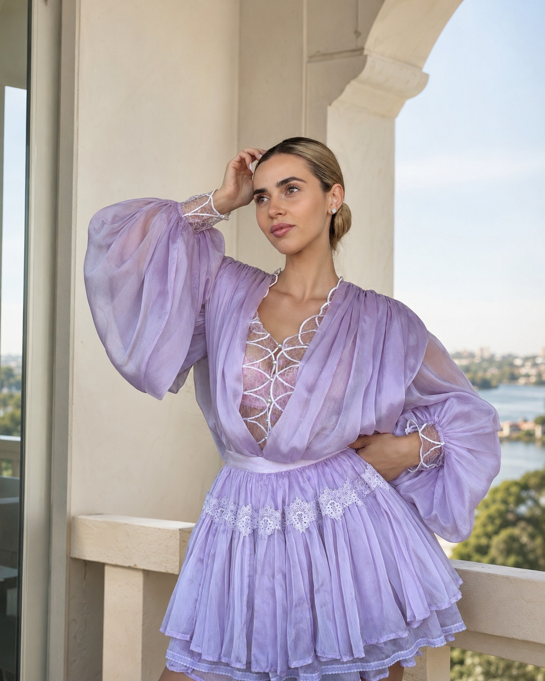 Set Lilac Mist – Cămașă cu Mâneci Ample și Fustă Pantalon, Celestine