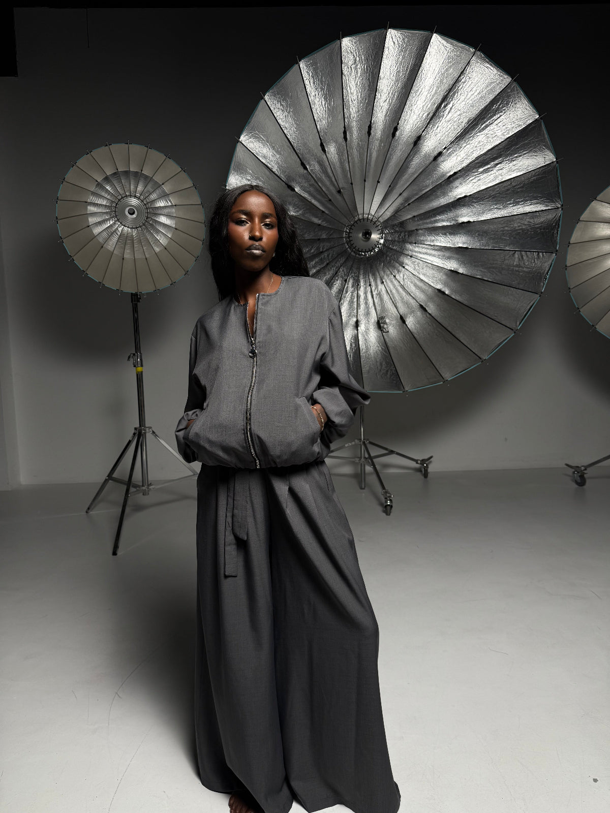 Elegant Women’s Set with Bomber Jacket and Palazzo Pants, Brown Chocolate