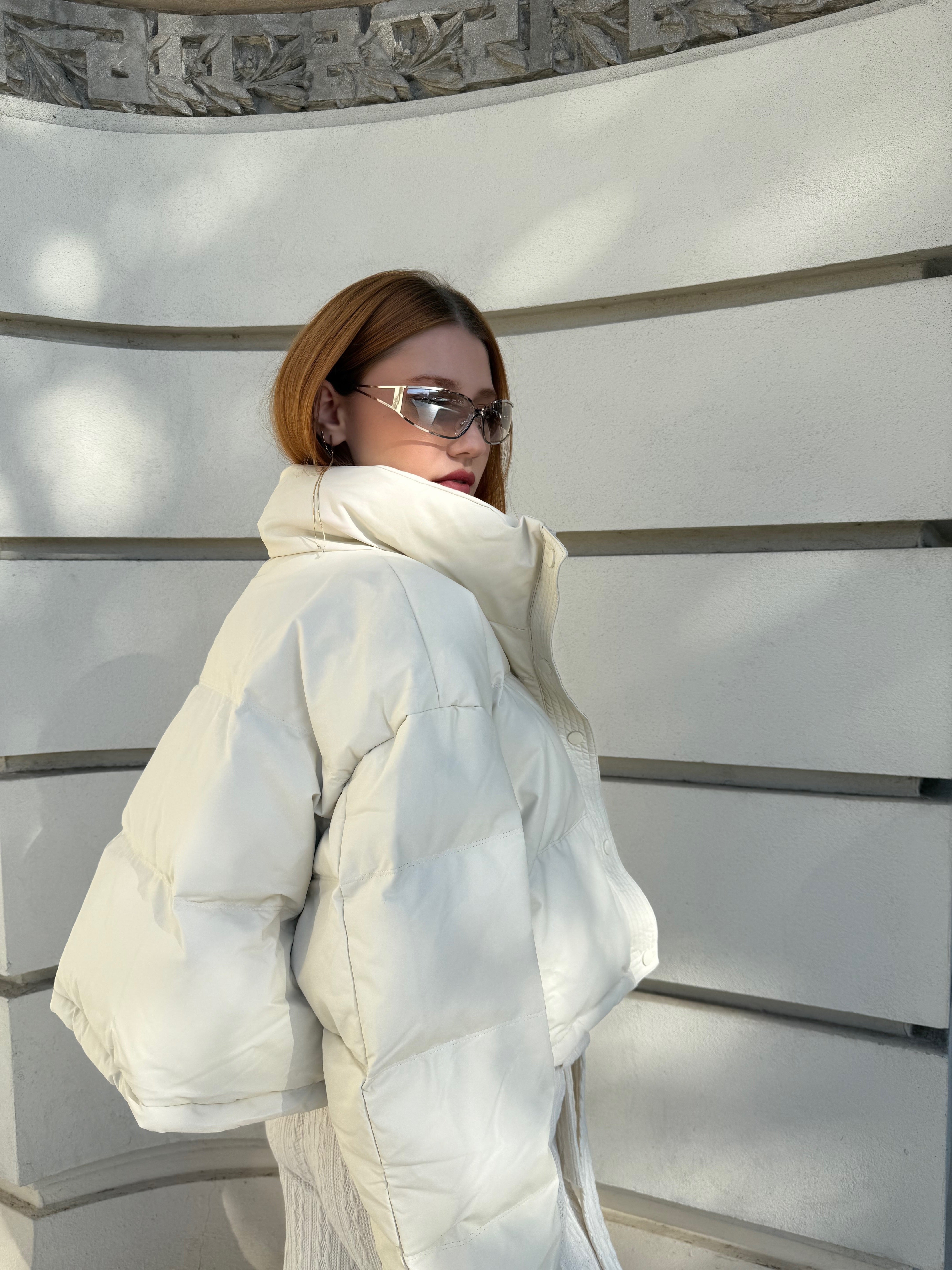 Geaca Puffer Oversized cu Guler Inalt, Bej, Milky Way