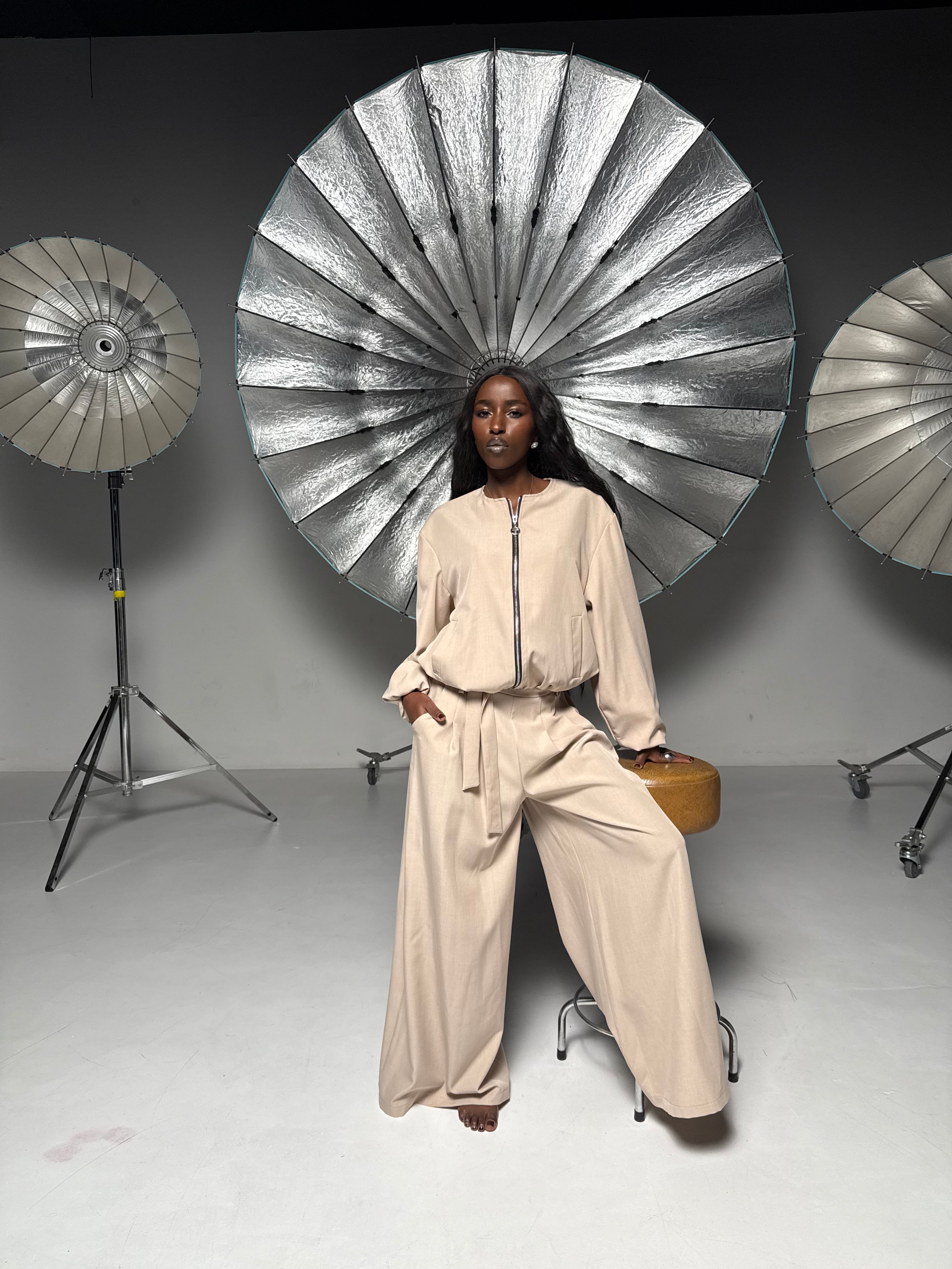 Elegant Women’s Set with Bomber Jacket and Palazzo Pants, Brown Chocolate