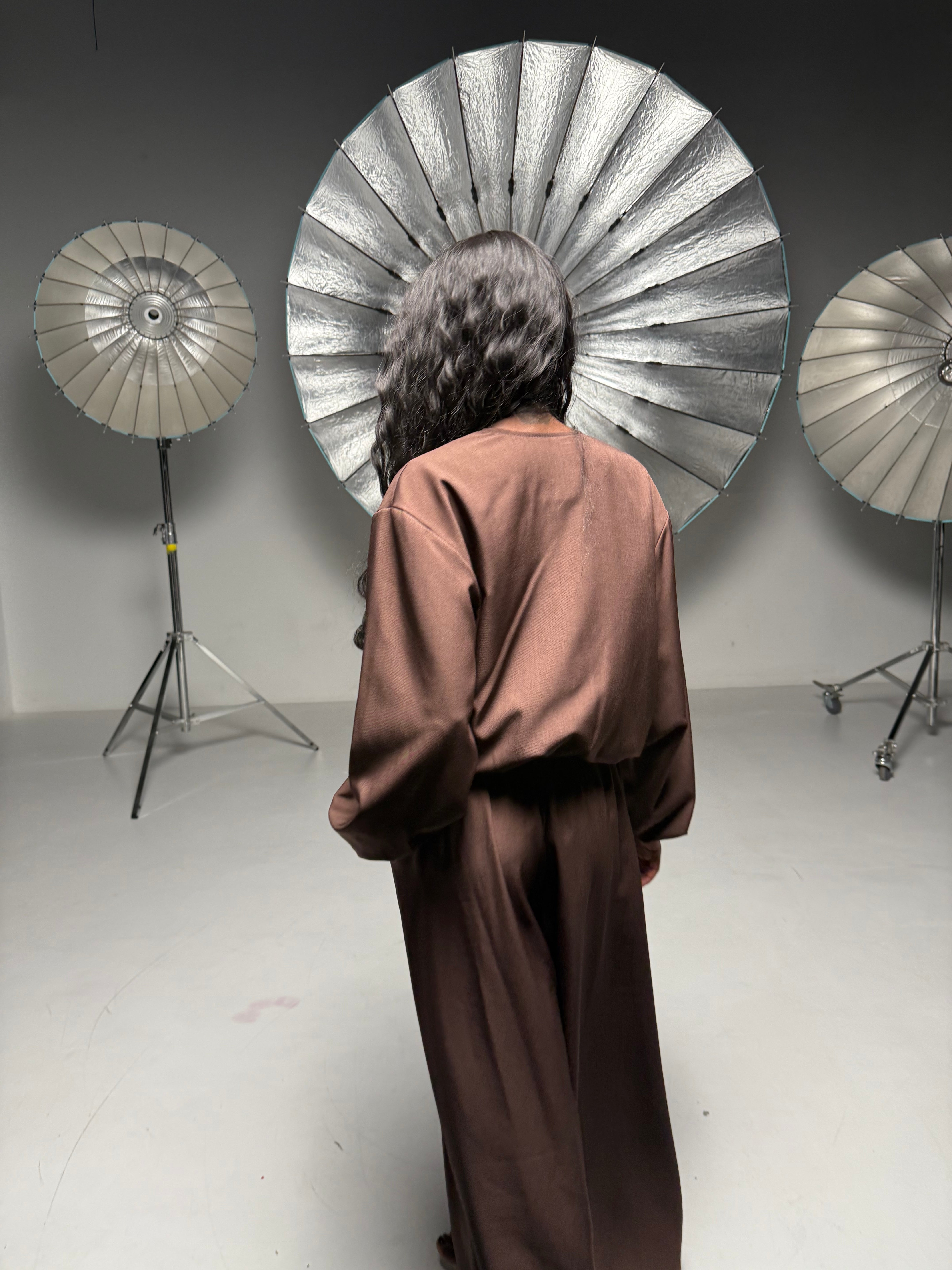 Elegant Women’s Set with Bomber Jacket and Palazzo Pants, Brown Chocolate