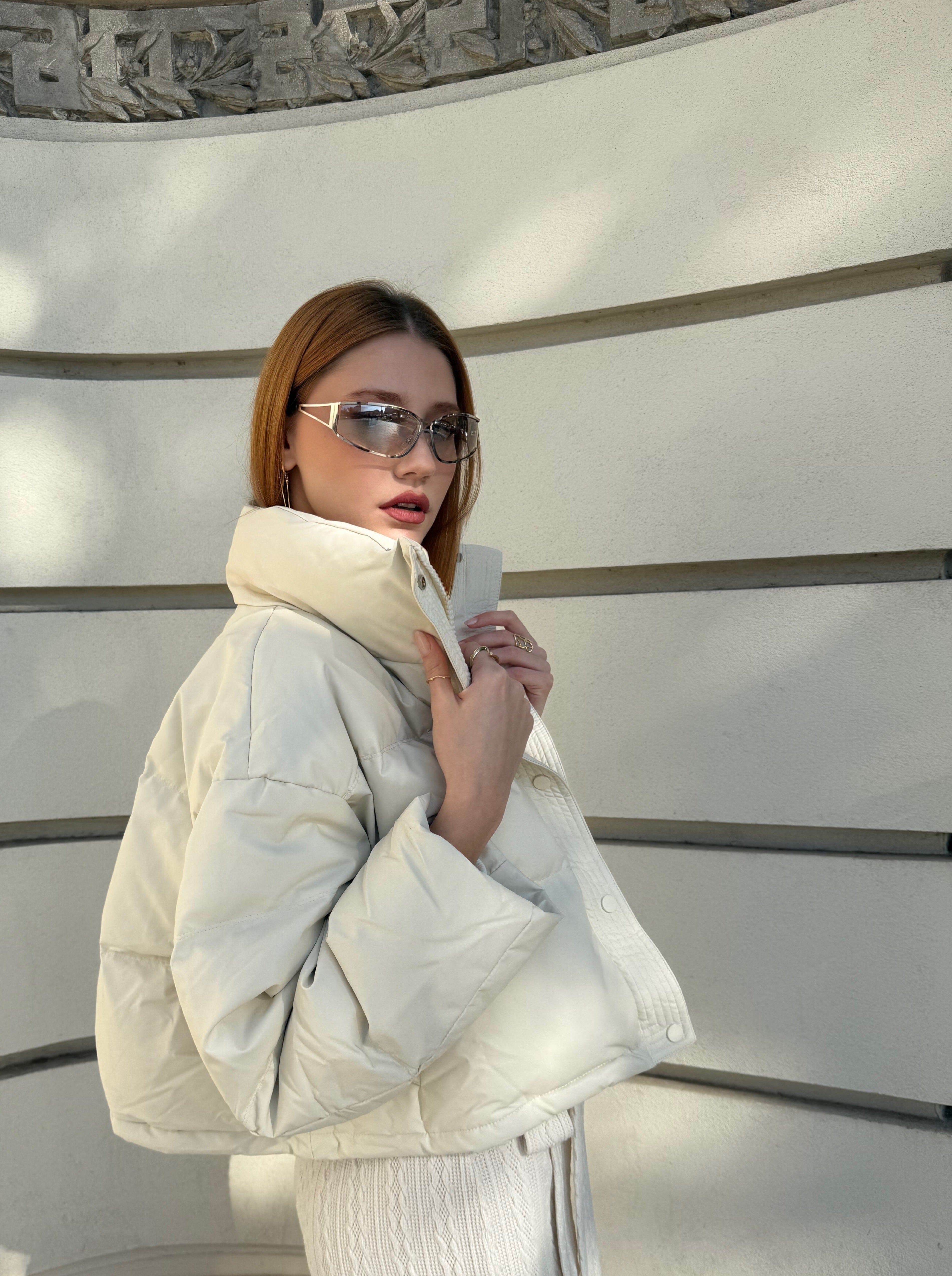 Geaca Puffer Oversized cu Guler Inalt, Bej, Milky Way