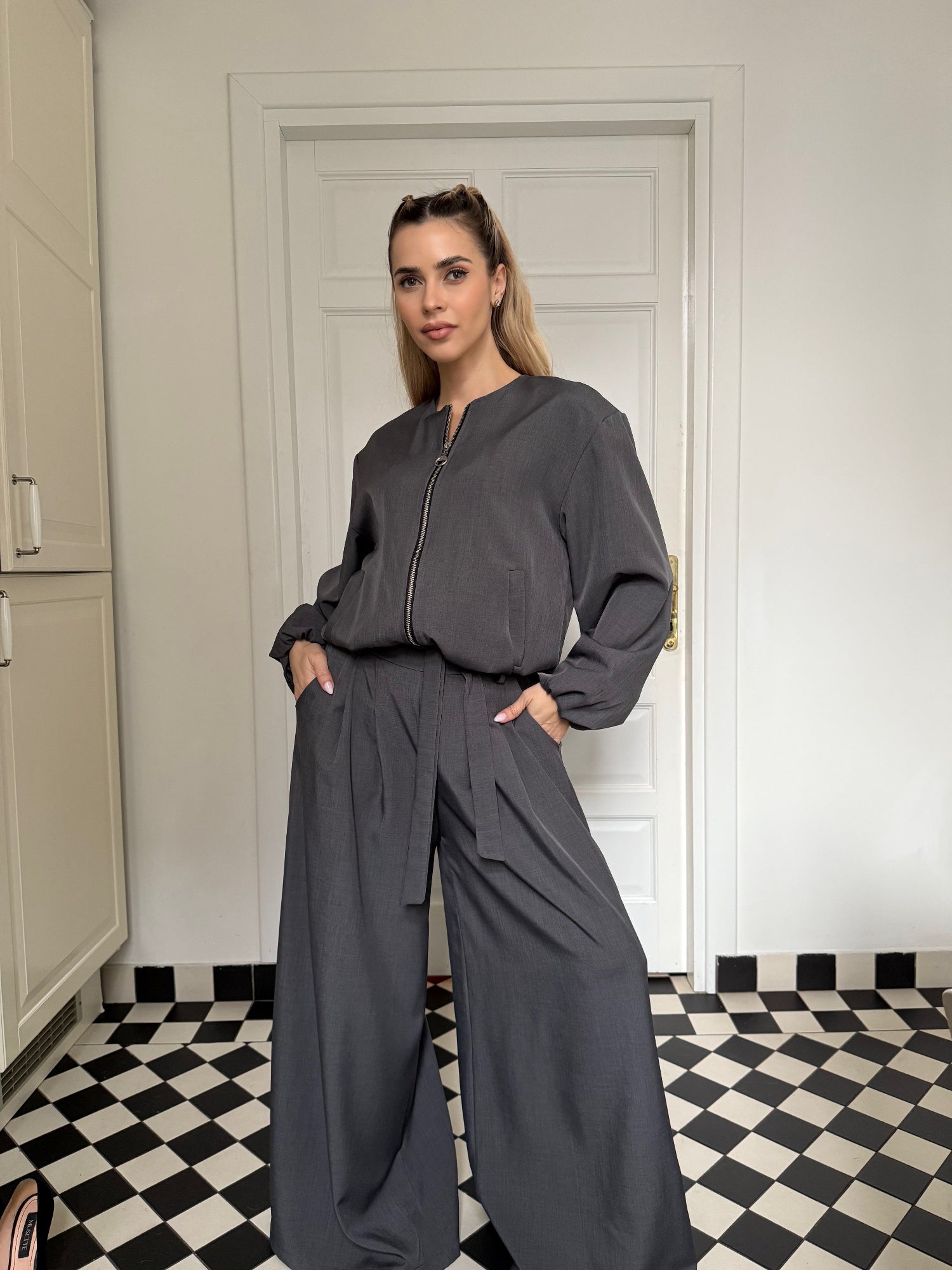 Elegant Women’s Set with Bomber Jacket and Palazzo Pants, Brown Chocolate