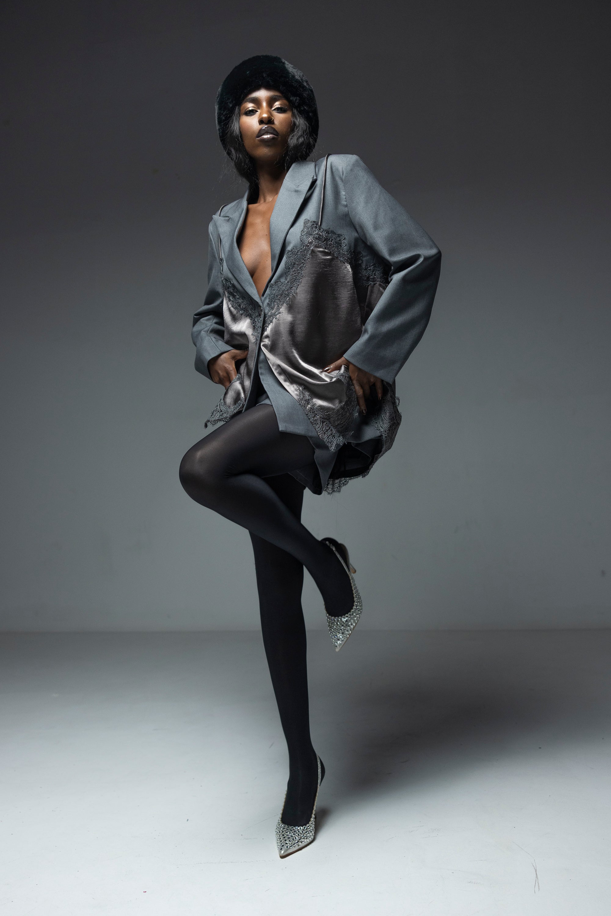 Blazer Sacou cu Dantela, Gri, Anouk