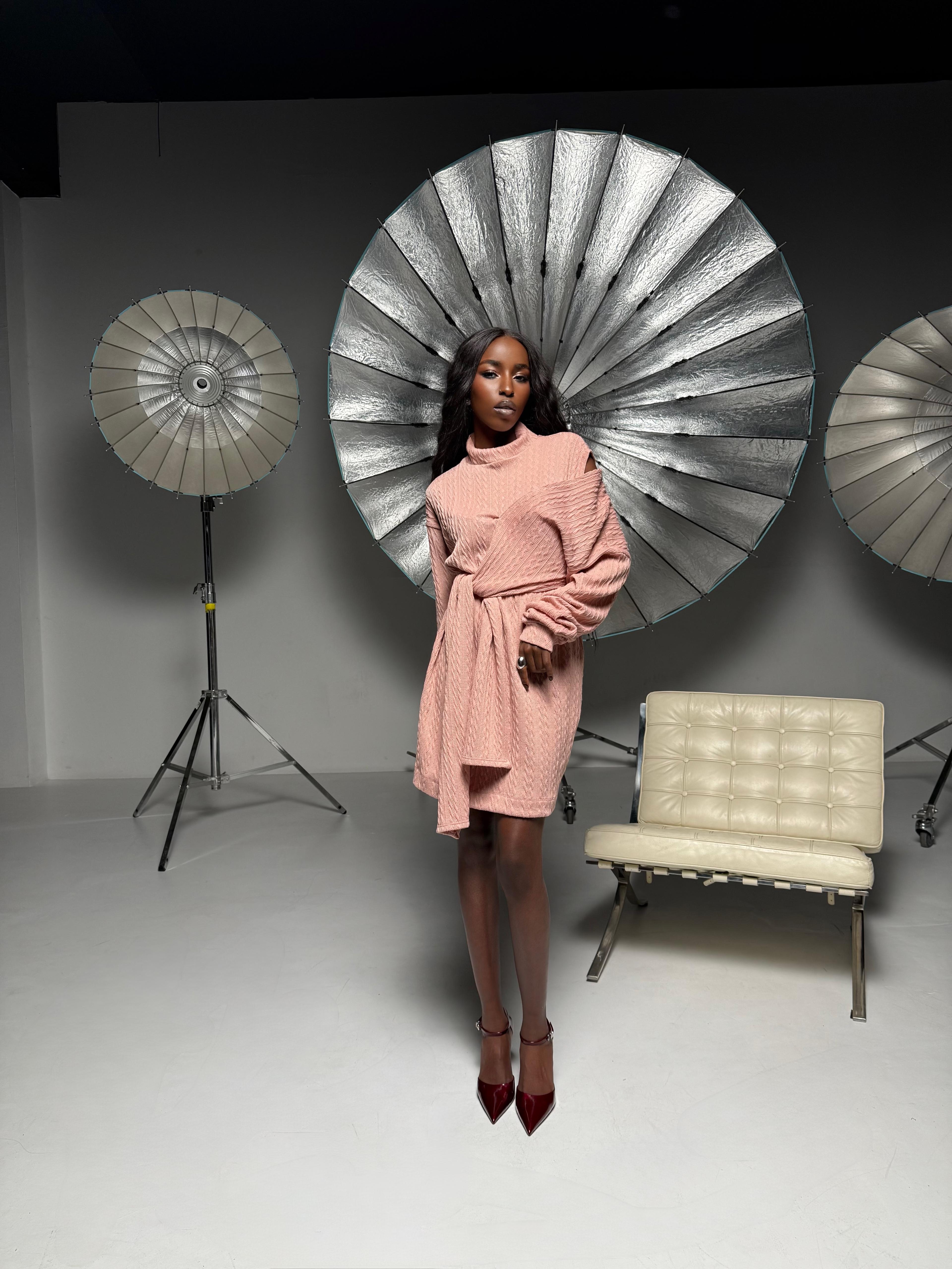 One-Shoulder Knitted Mini Dress, Hira, Pink