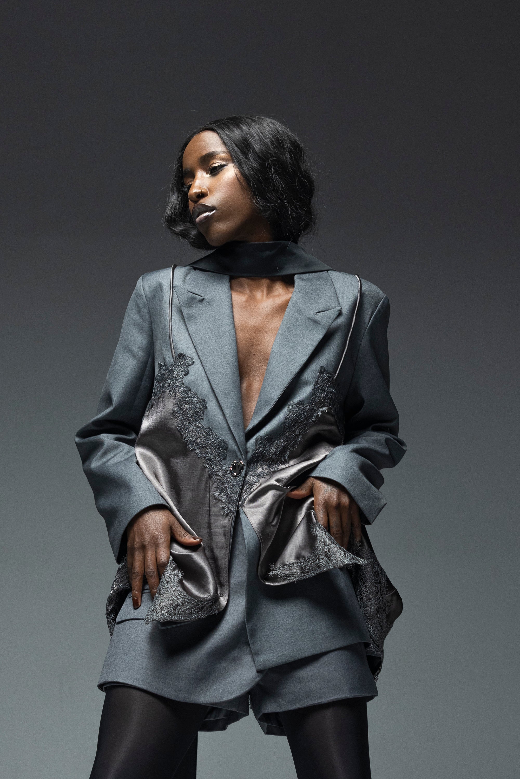 Blazer Sacou cu Dantela, Gri, Anouk