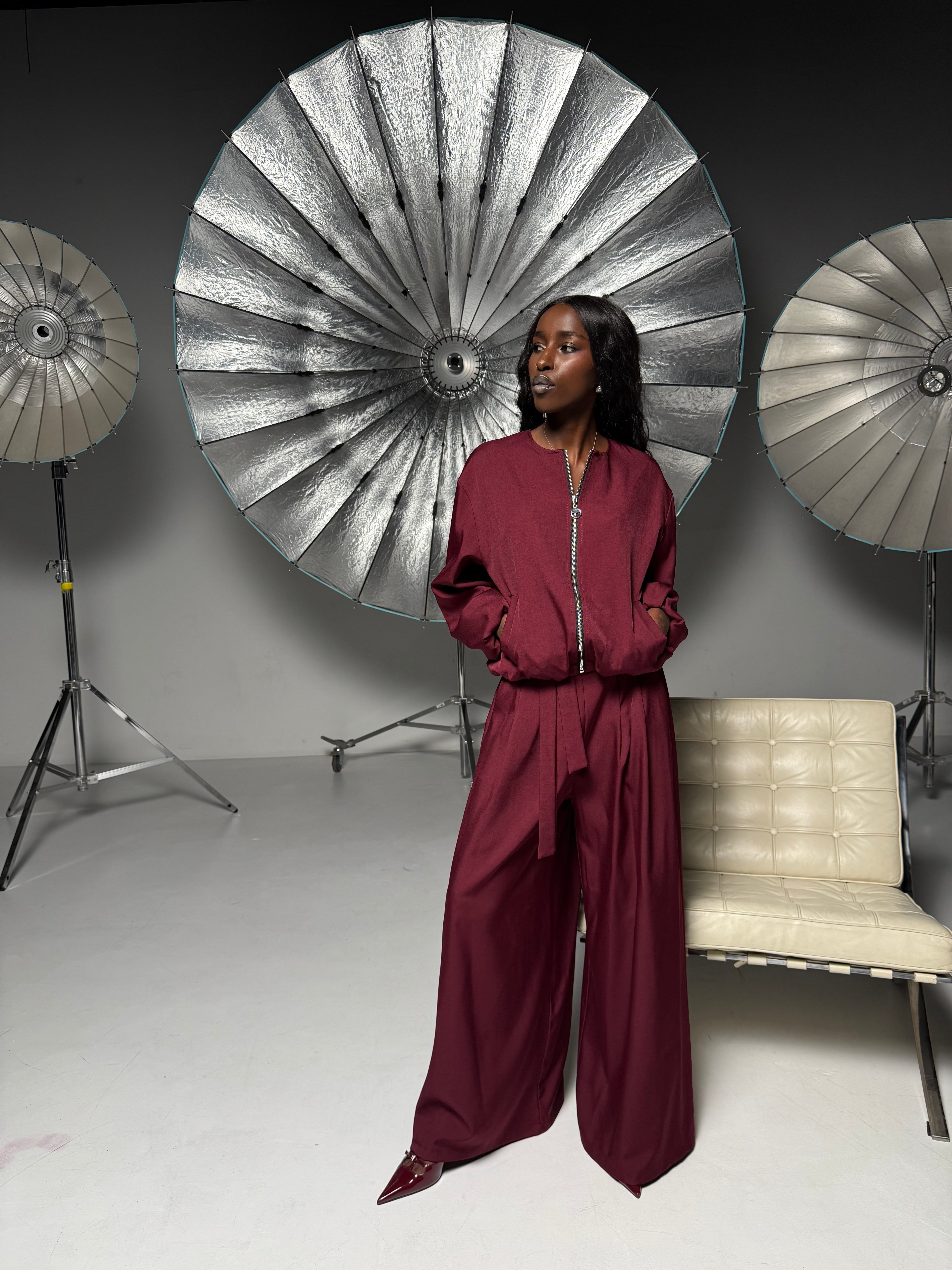 Elegant Women’s Set with Bomber Jacket and Palazzo Pants, Brown Chocolate