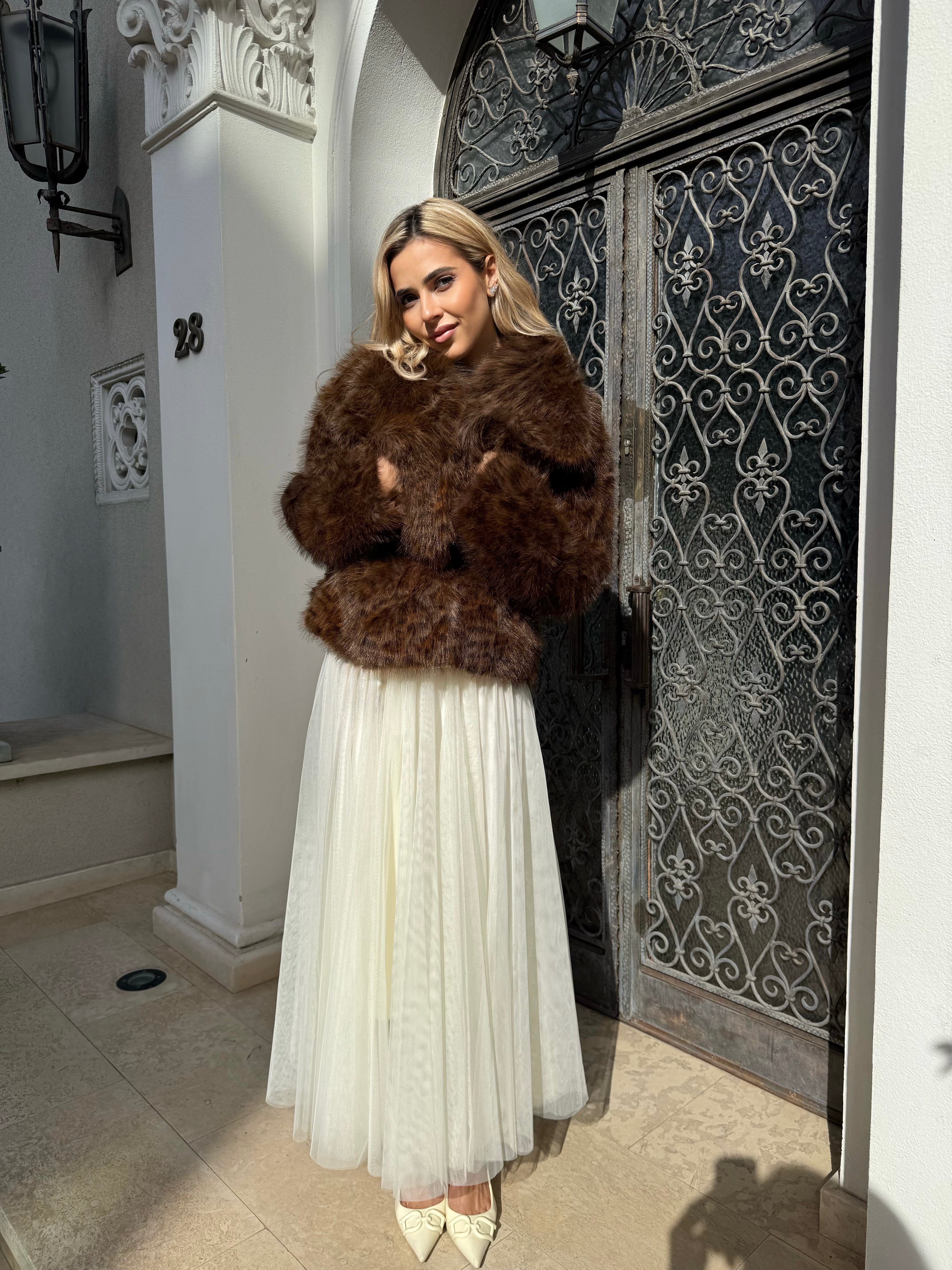 Faux Fur Coat, Animal Print - Noisette