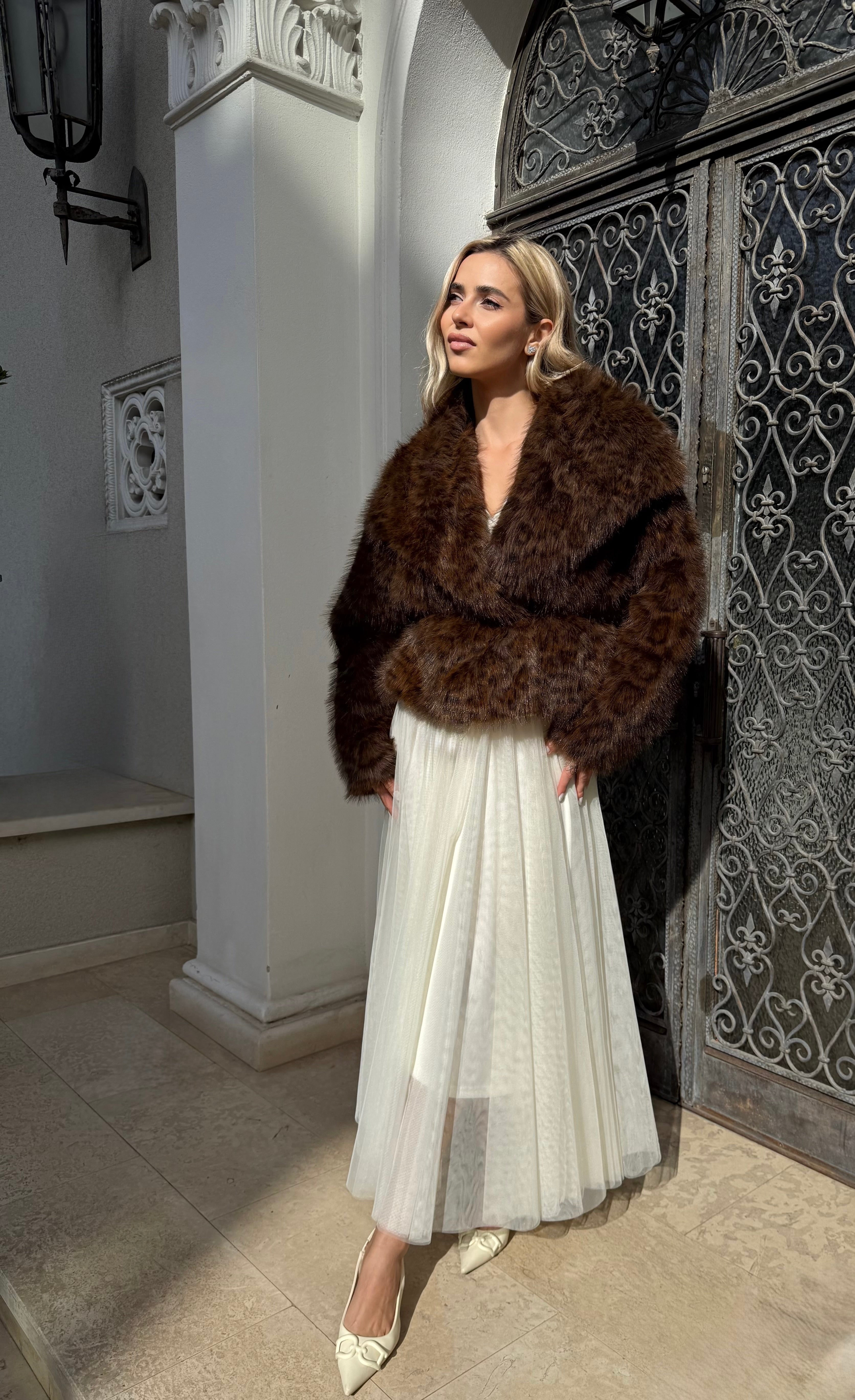 Haina din Blana Faux, Animal Print, Noisette