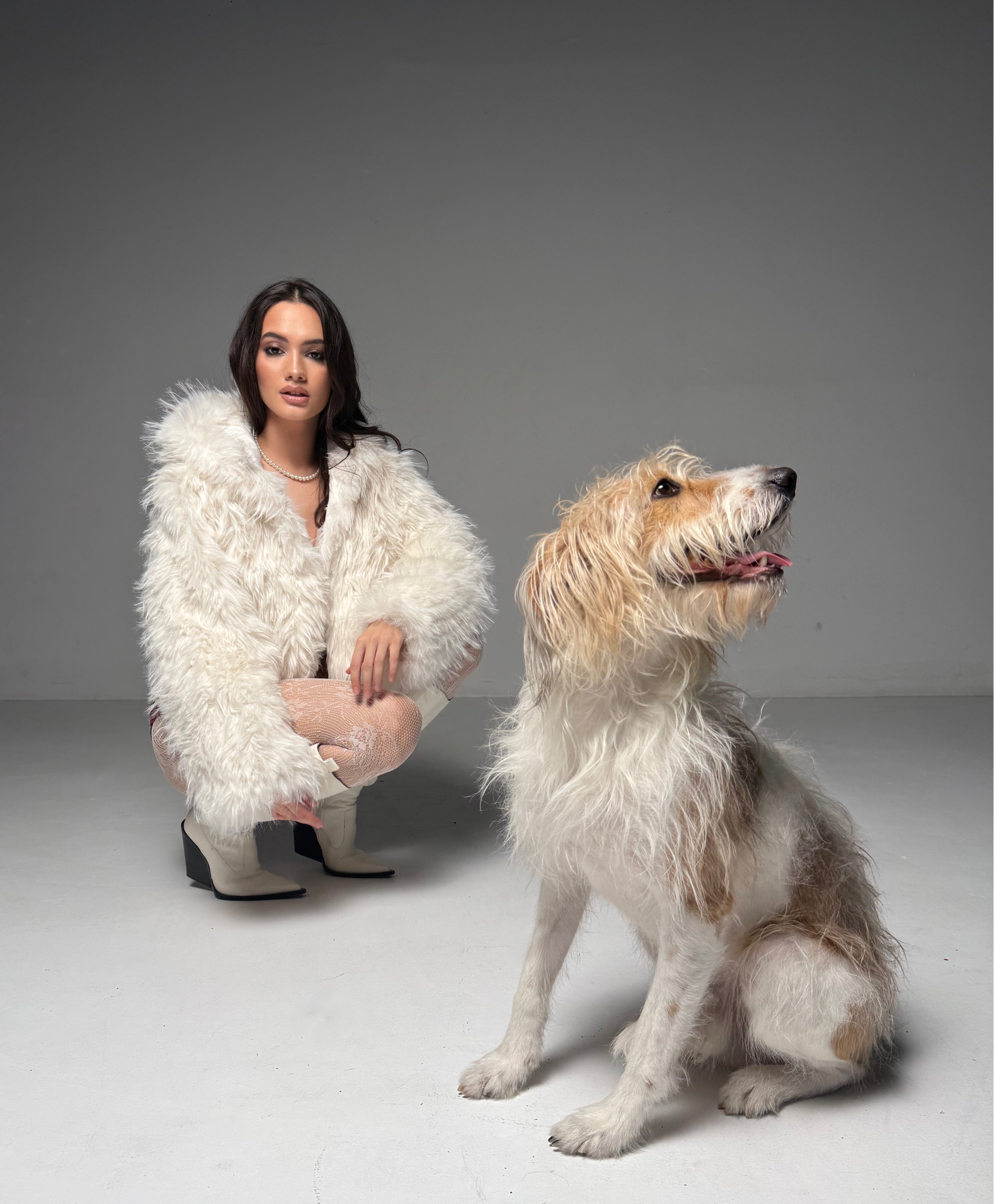 Faux Fur Coat with Wide Collar, Ivory - Aurore