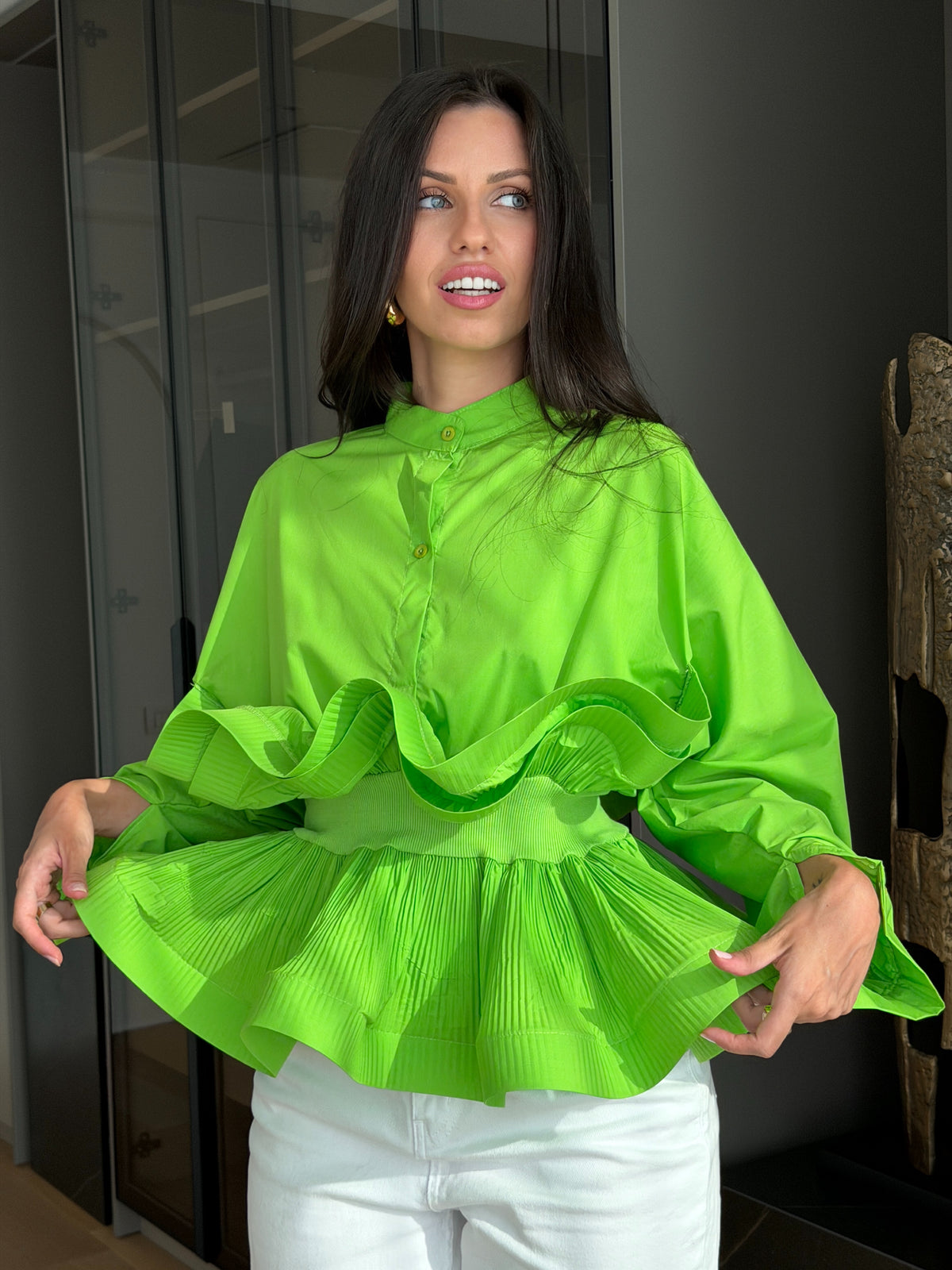 Camasa cu Volane Supradimensionate, Verde aprins Jolie