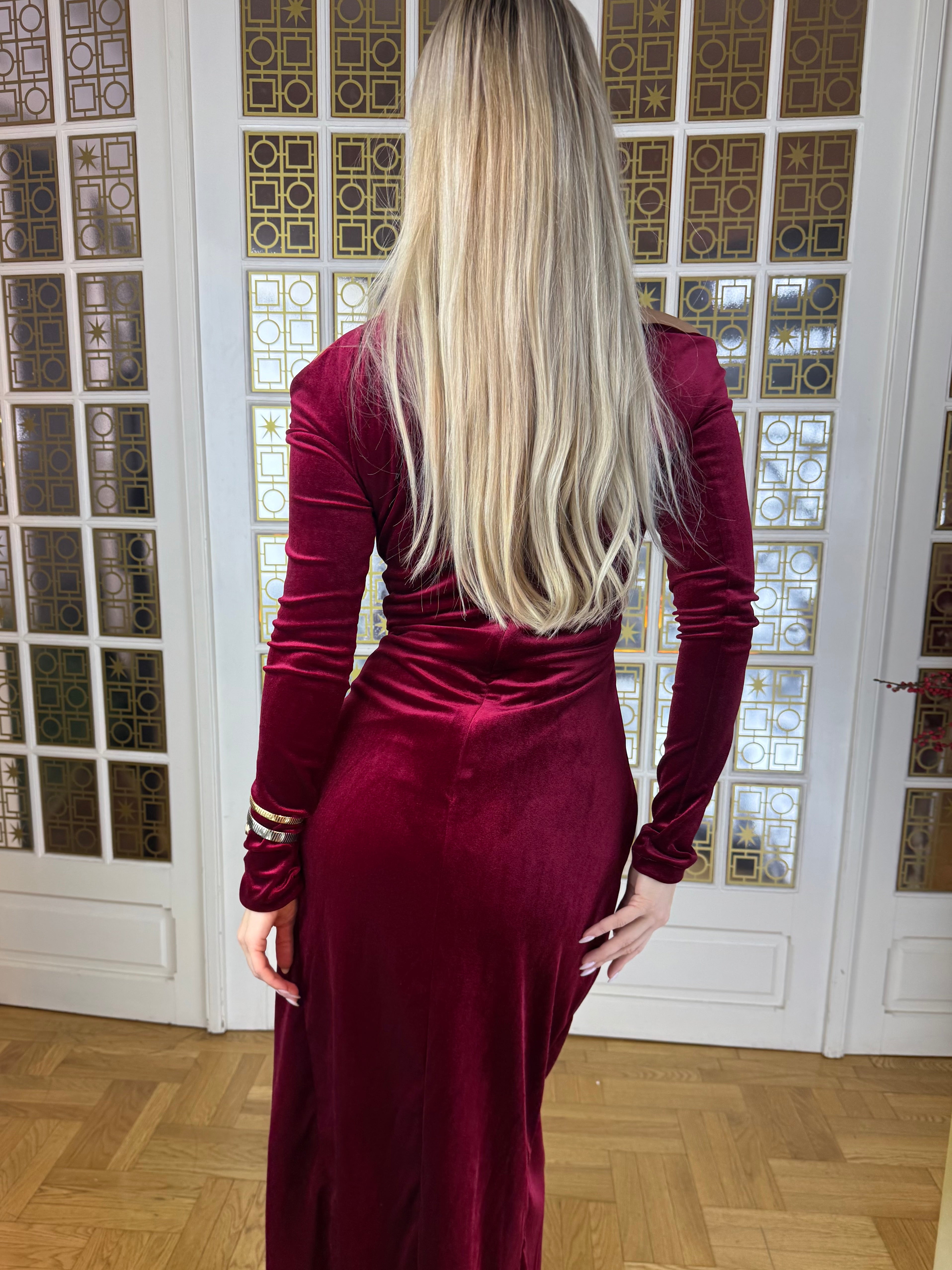 Rochie catifea cu drapaj, burgundy, Arlu