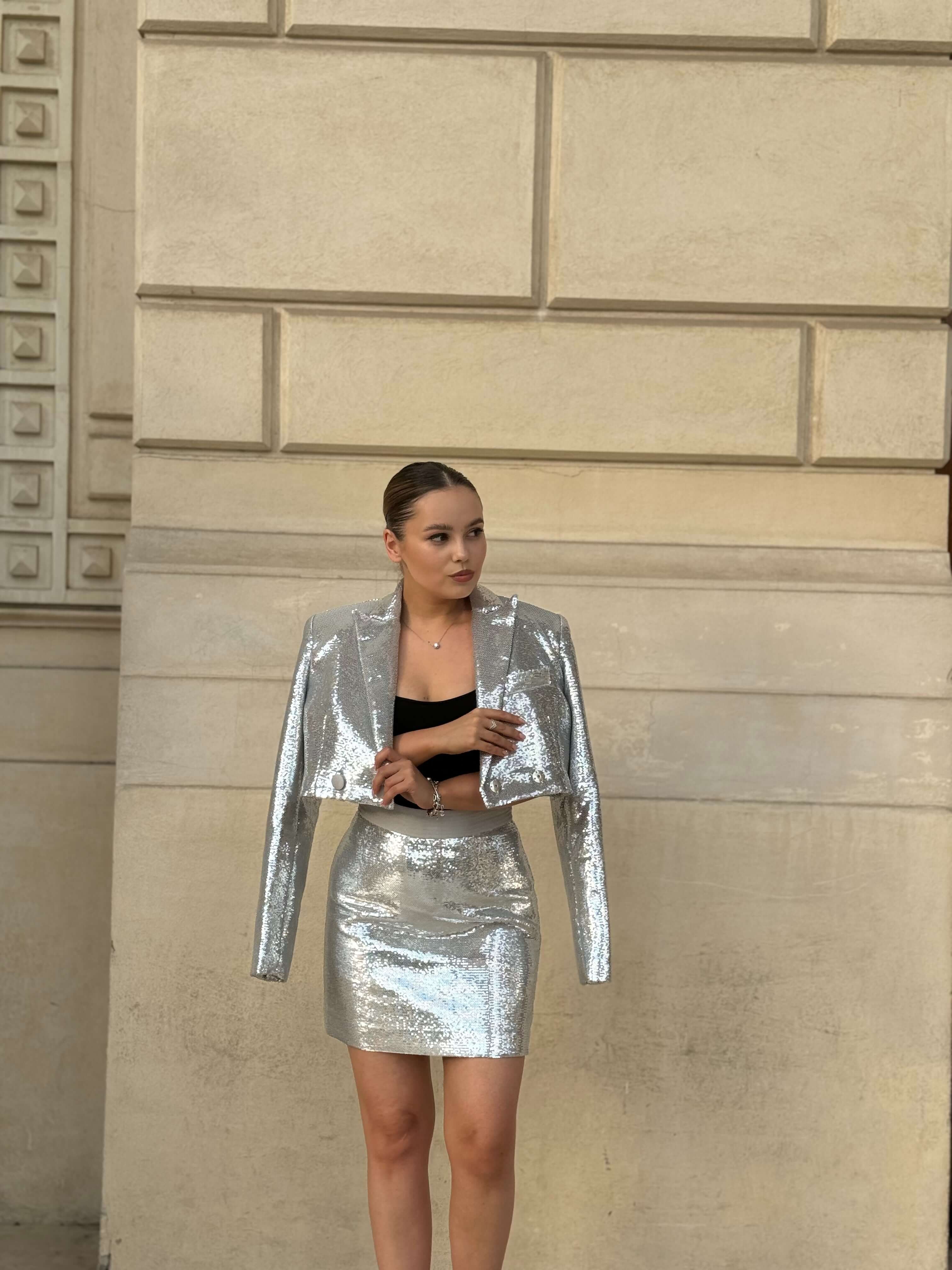 Set cu Sacou si Fusta din Paiete, Argintiu, Stellar