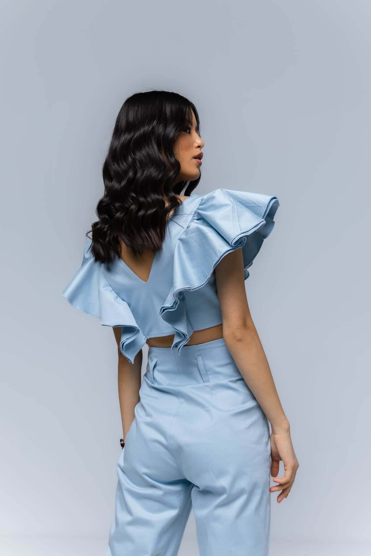 pantaloni albastri top albastru bleu