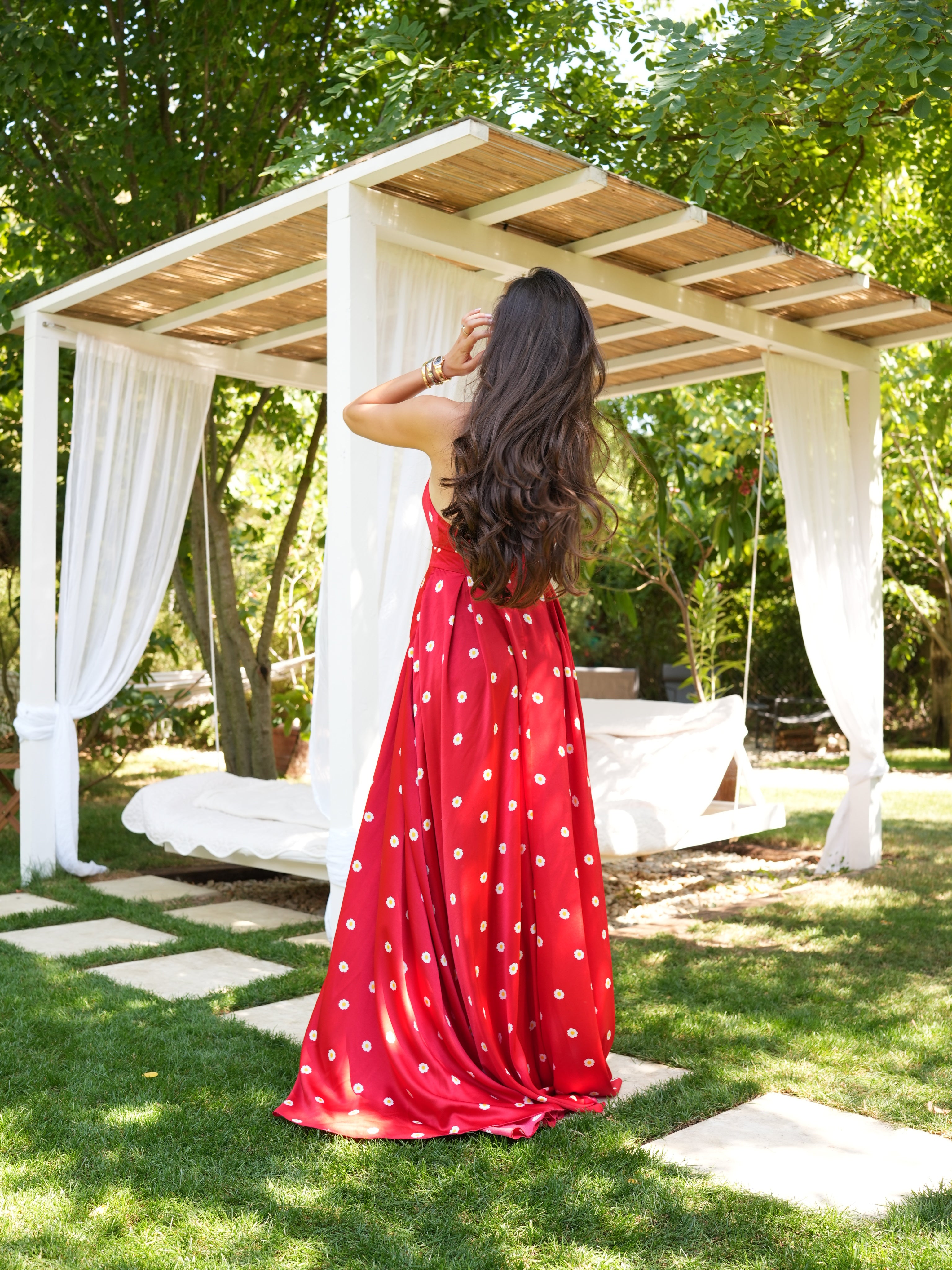 Rochie lungă fluidă cu spatele gol și imprimeu floral, Marguerite Rouge