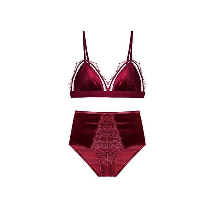 Set Lenjerie Intima din Catifea si Dantela, Burgundy