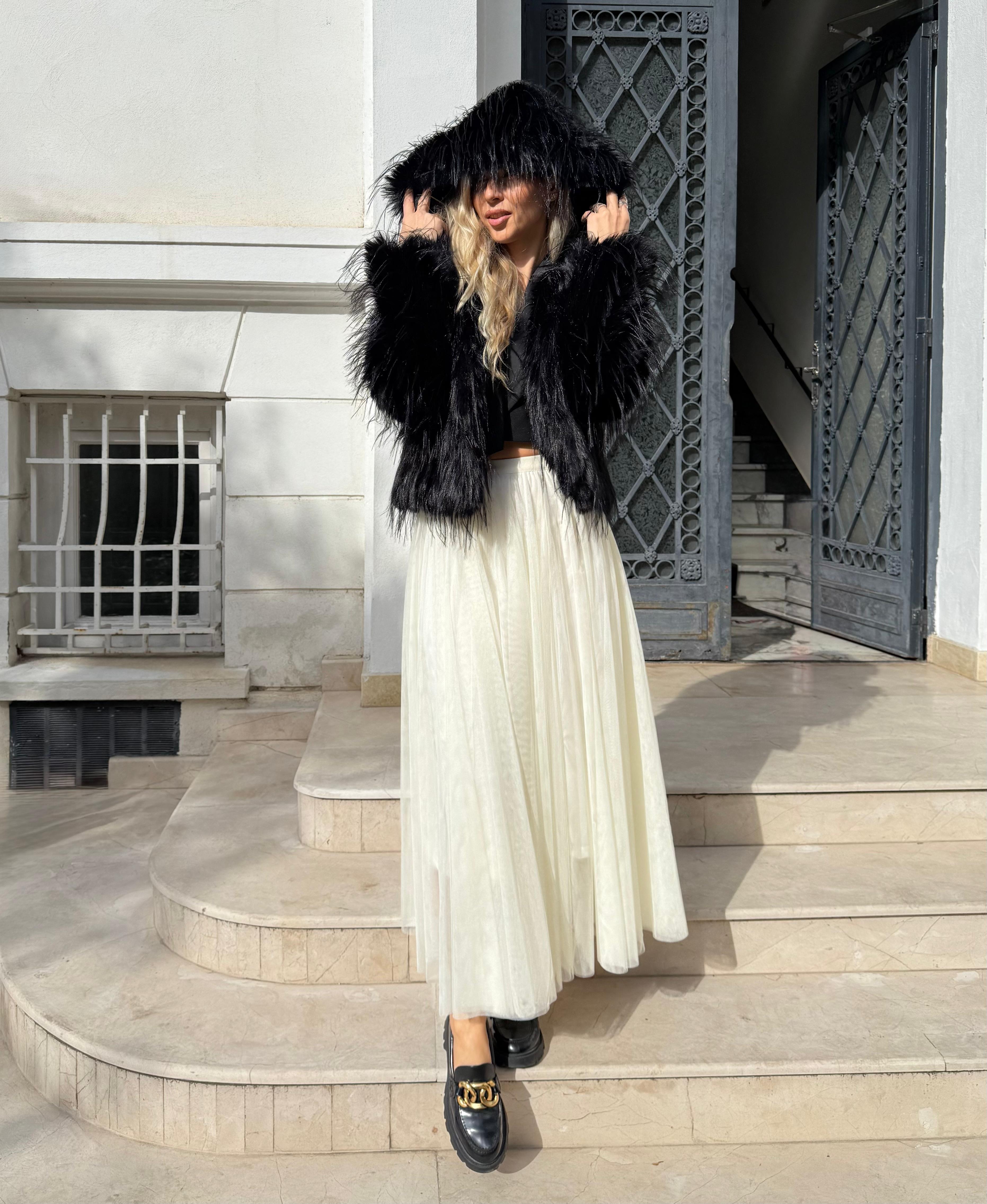 Haina din Blana Faux cu Gluga, Neagra, Nocturne