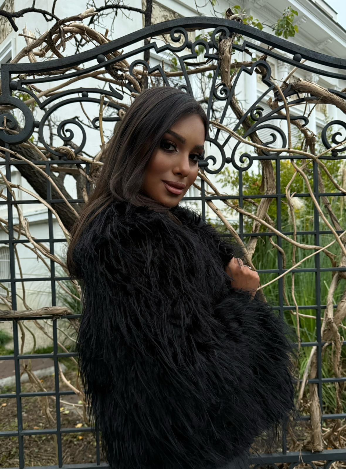 Faux Fur Coat with Wide Collar, Black - Aurore