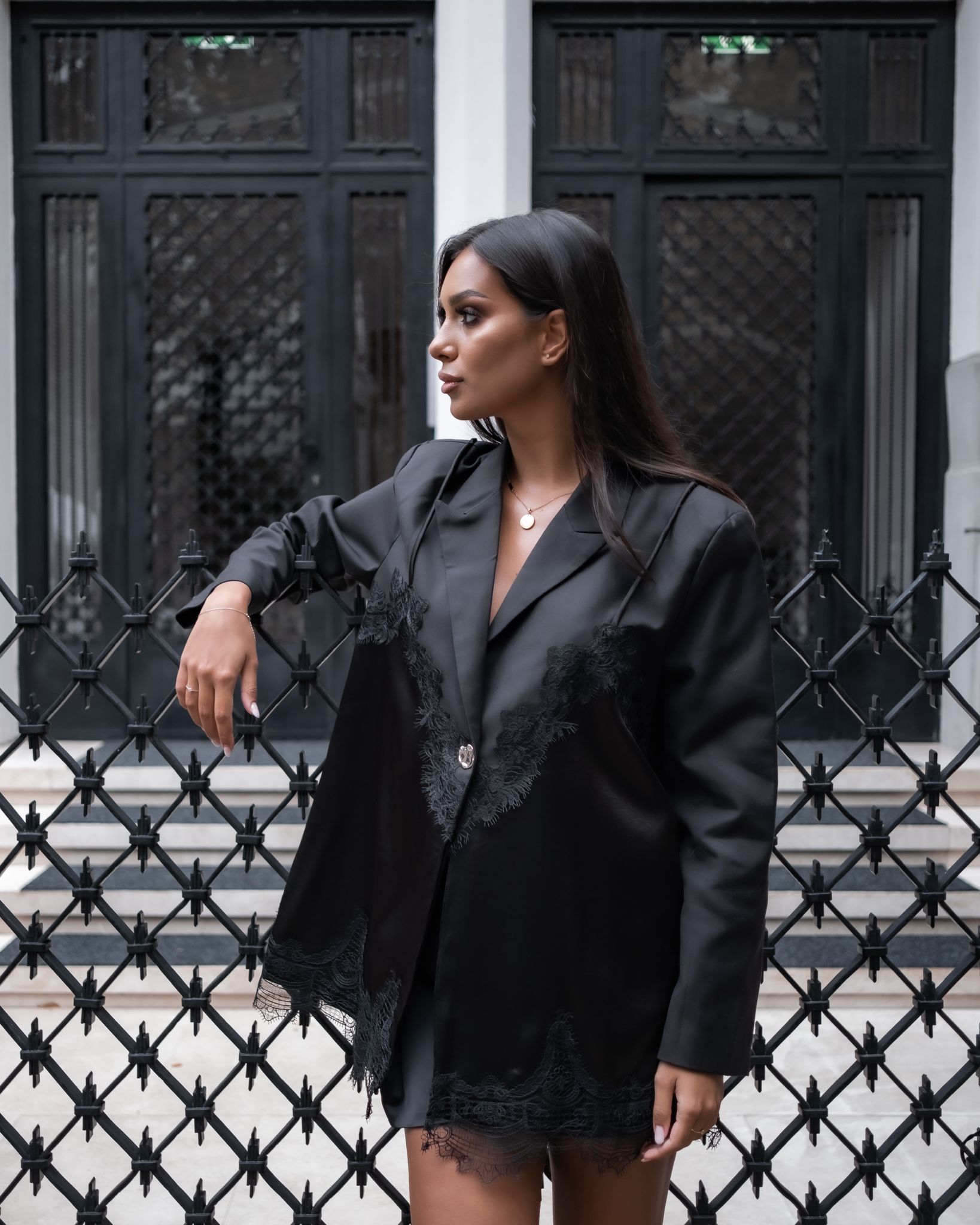 Blazer Sacou cu Dantela, Negru, Anouk