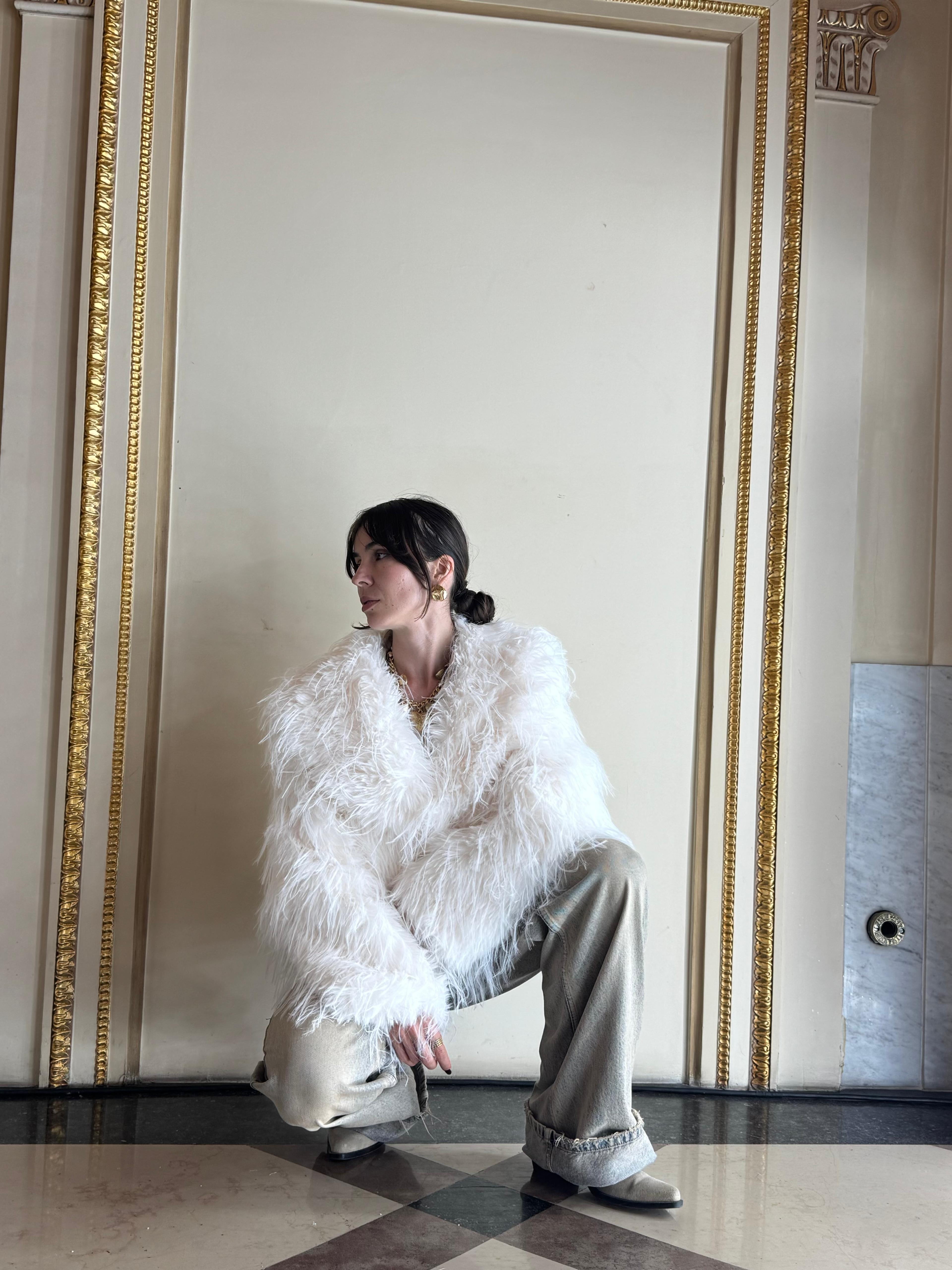 Faux Fur Coat with Wide Collar, Ivory - Aurore