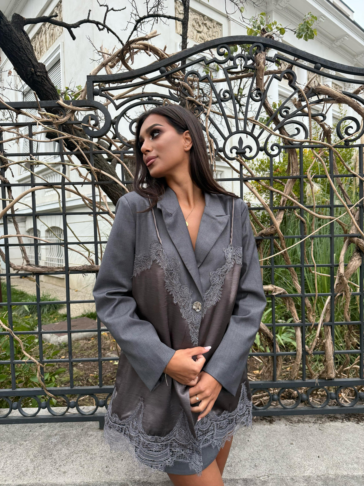Blazer with Lace, Grey - Anouk