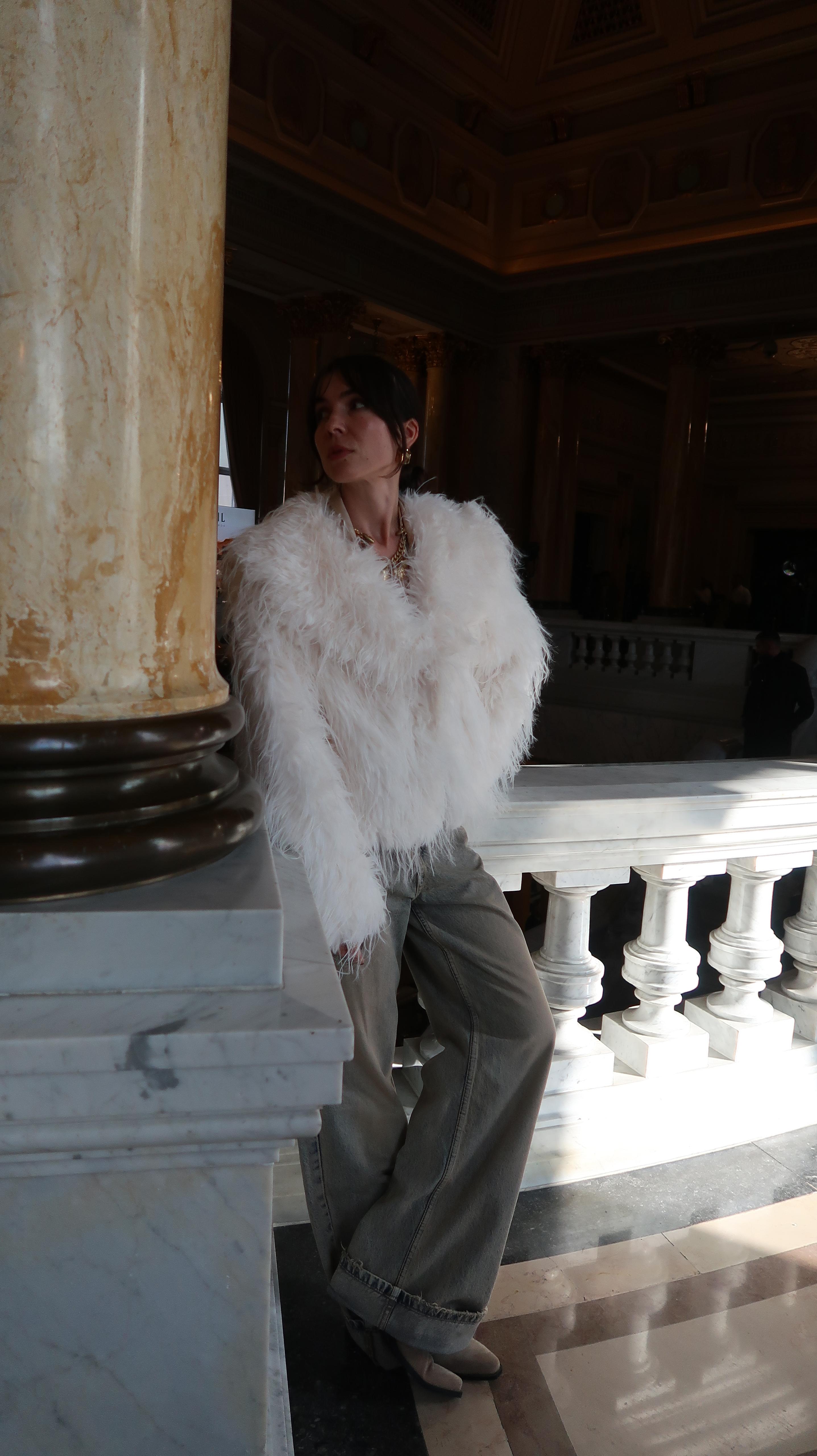 Faux Fur Coat with Wide Collar, Ivory - Aurore