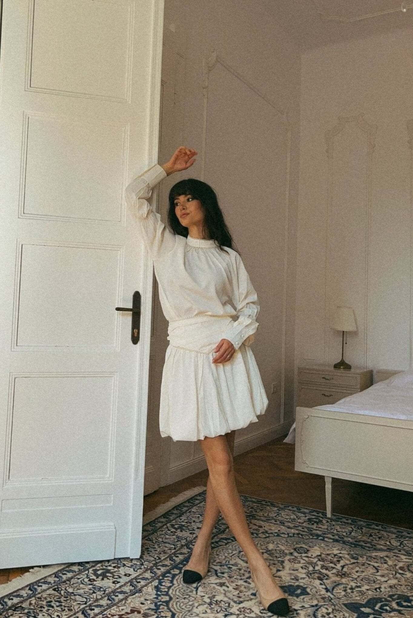 Set din Satin cu Bluza si Fusta, Crem, Aquarius