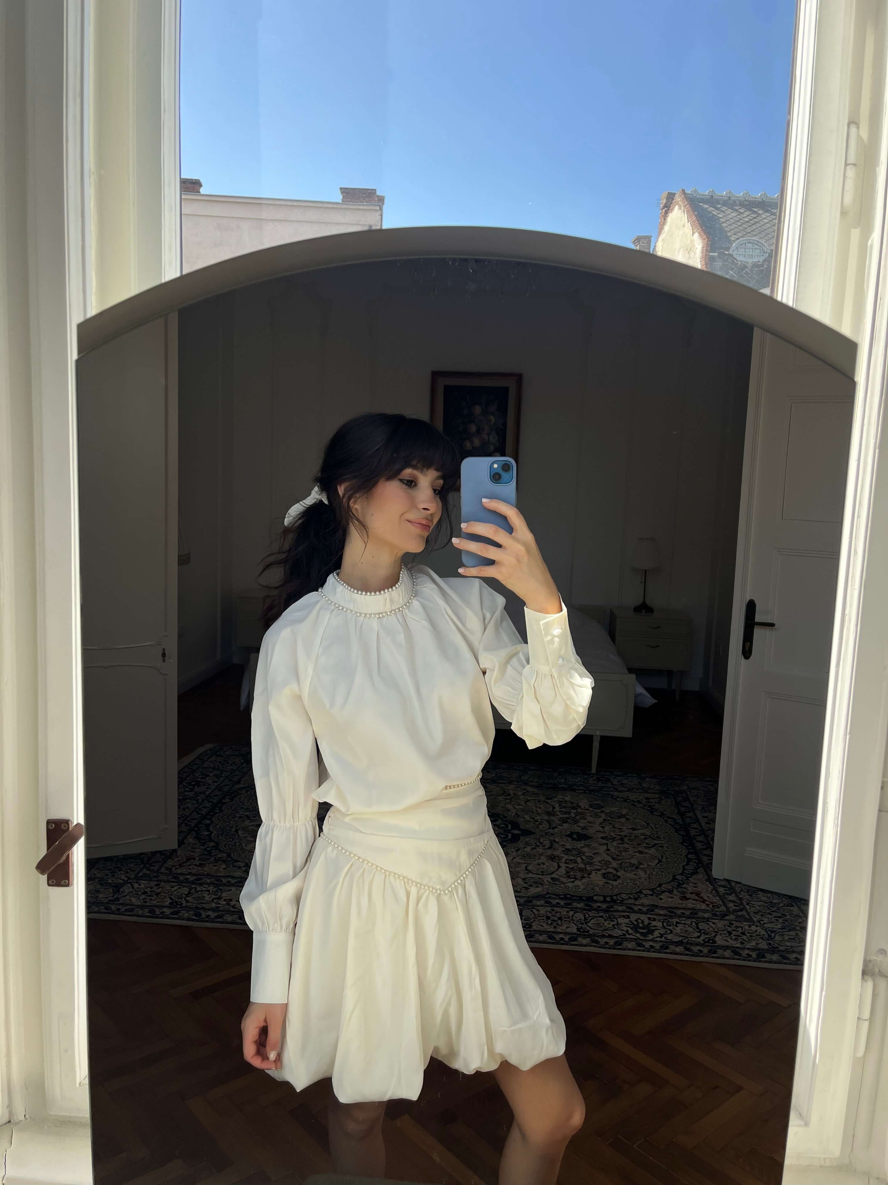 Set din Satin cu Bluza si Fusta, Crem, Aquarius