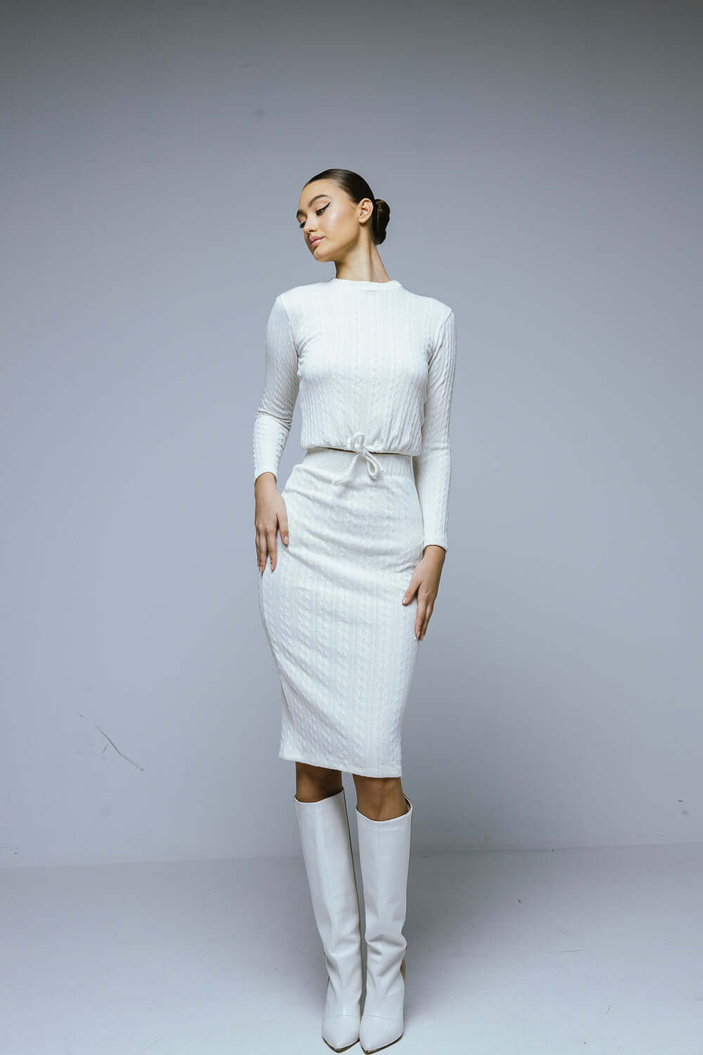 Set Crosetat cu Top si Fusta Midi, Alb, Sindri