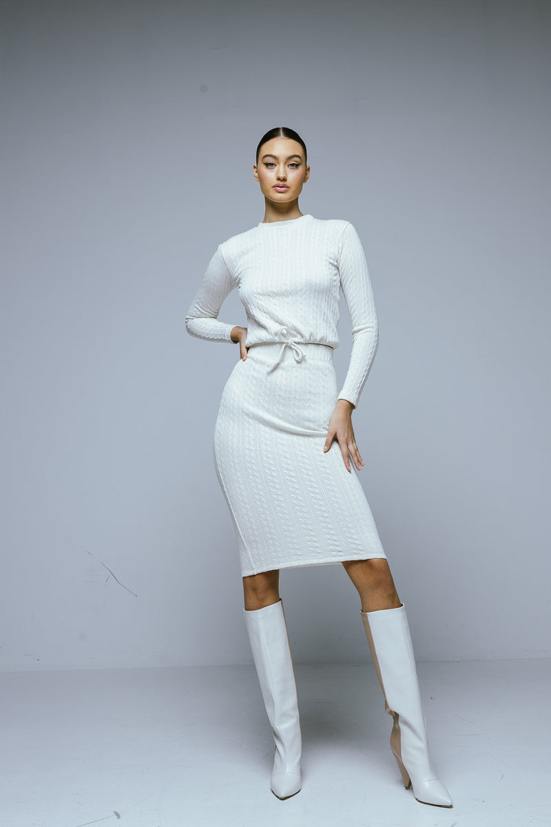SINDRI knit skirt and cropped top (in white)