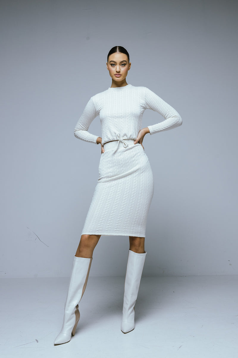 SINDRI knit skirt and cropped top (in white)